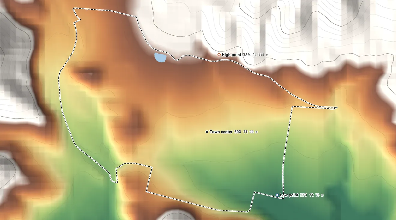 Topographic elevation map of Olimpo, Puerto Rico, shaded from 250 ft on the southeast side to 380 ft at the foot of the Sierra de Jájome
