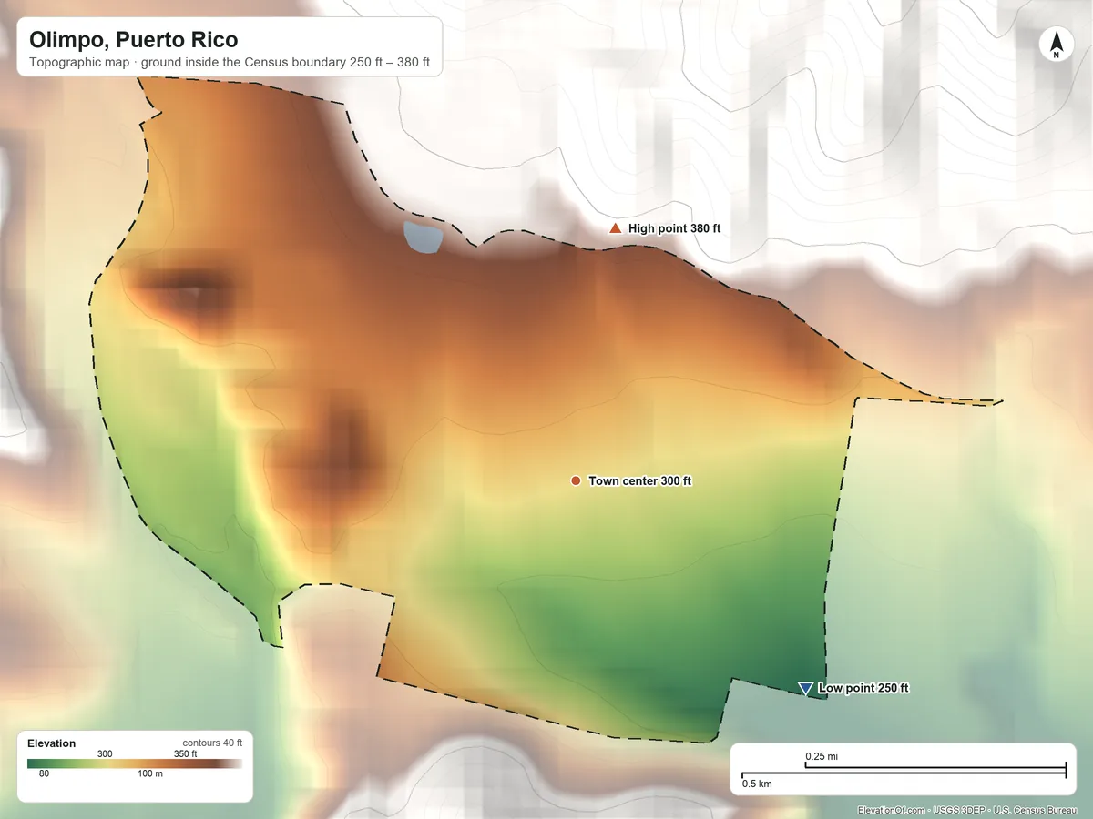 Topographic elevation map of Olimpo, Puerto Rico, shaded from 250 ft on the southeast side to 380 ft at the foot of the Sierra de Jájome
