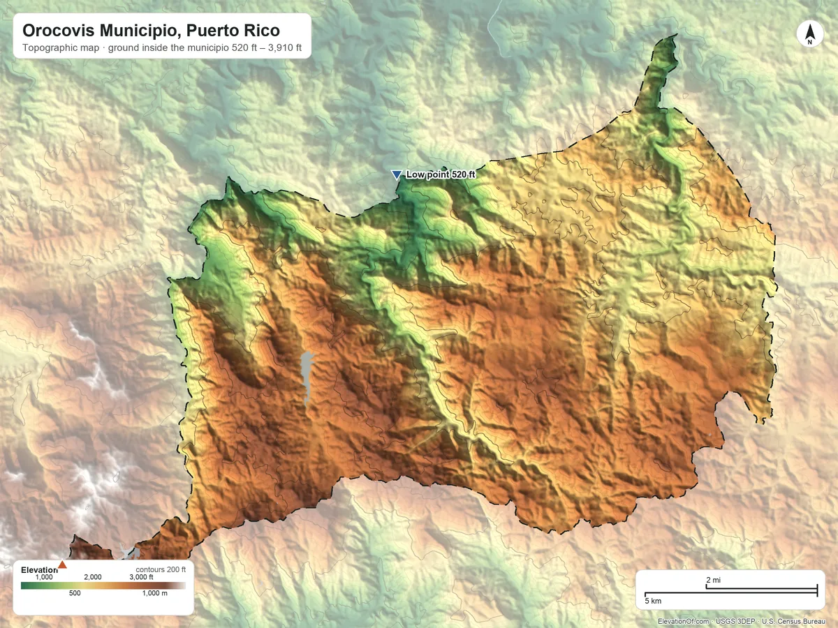 Topographic elevation map of Orocovis Municipio, Puerto Rico, shaded from 520 ft on the north side to 3,910 ft on the southwest side