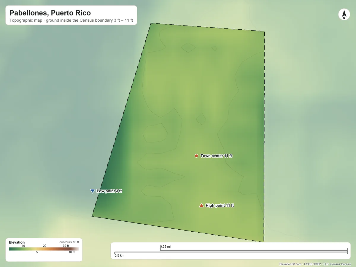 Topographic elevation map of Pabellones, Puerto Rico, shaded from 3 ft on the west side to 11 ft at the foot of the Montañas de Corozal