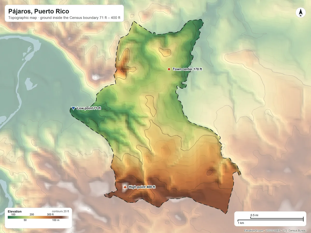 Topographic elevation map of Pájaros, Puerto Rico, shaded from 71 ft on the west side to 400 ft on the south side