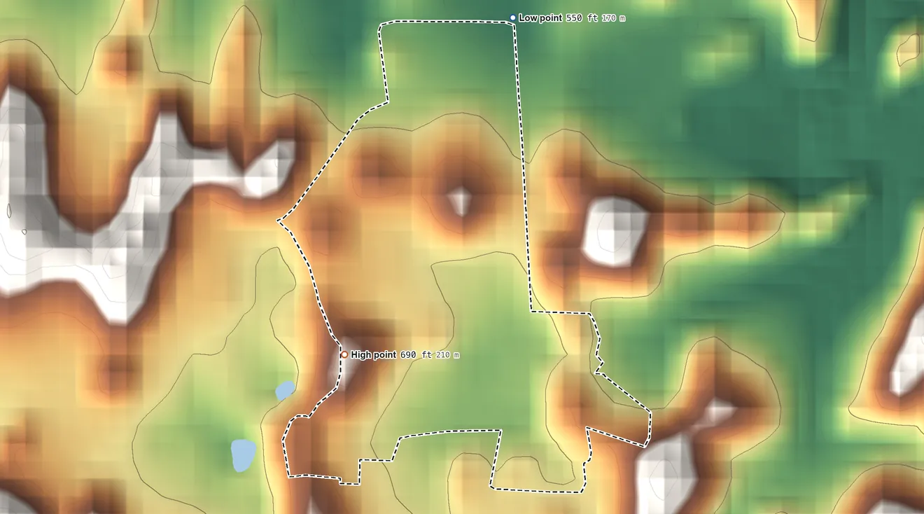 Topographic elevation map of Pajonal, Puerto Rico, shaded from 550 ft on the north side to 690 ft near the middle