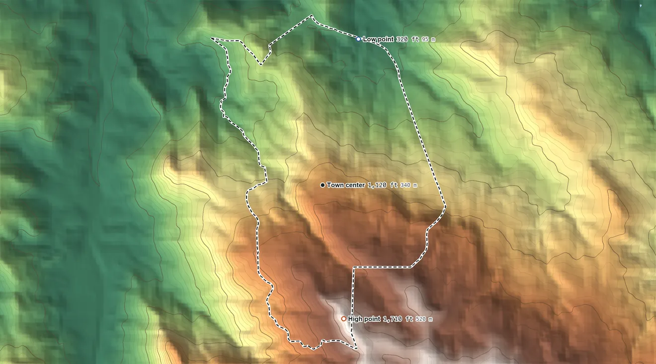 Topographic elevation map of Palma Sola, Puerto Rico, shaded from 320 ft on the north side to 1,710 ft on the south side