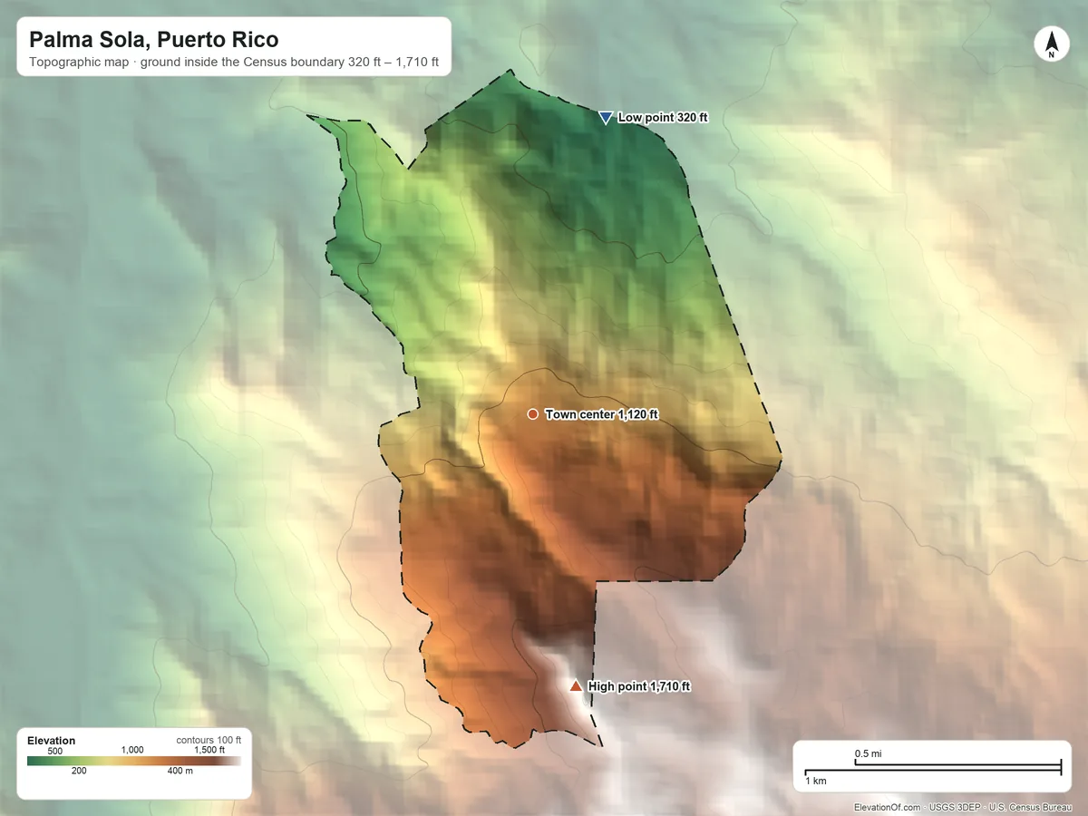 Topographic elevation map of Palma Sola, Puerto Rico, shaded from 320 ft on the north side to 1,710 ft on the south side