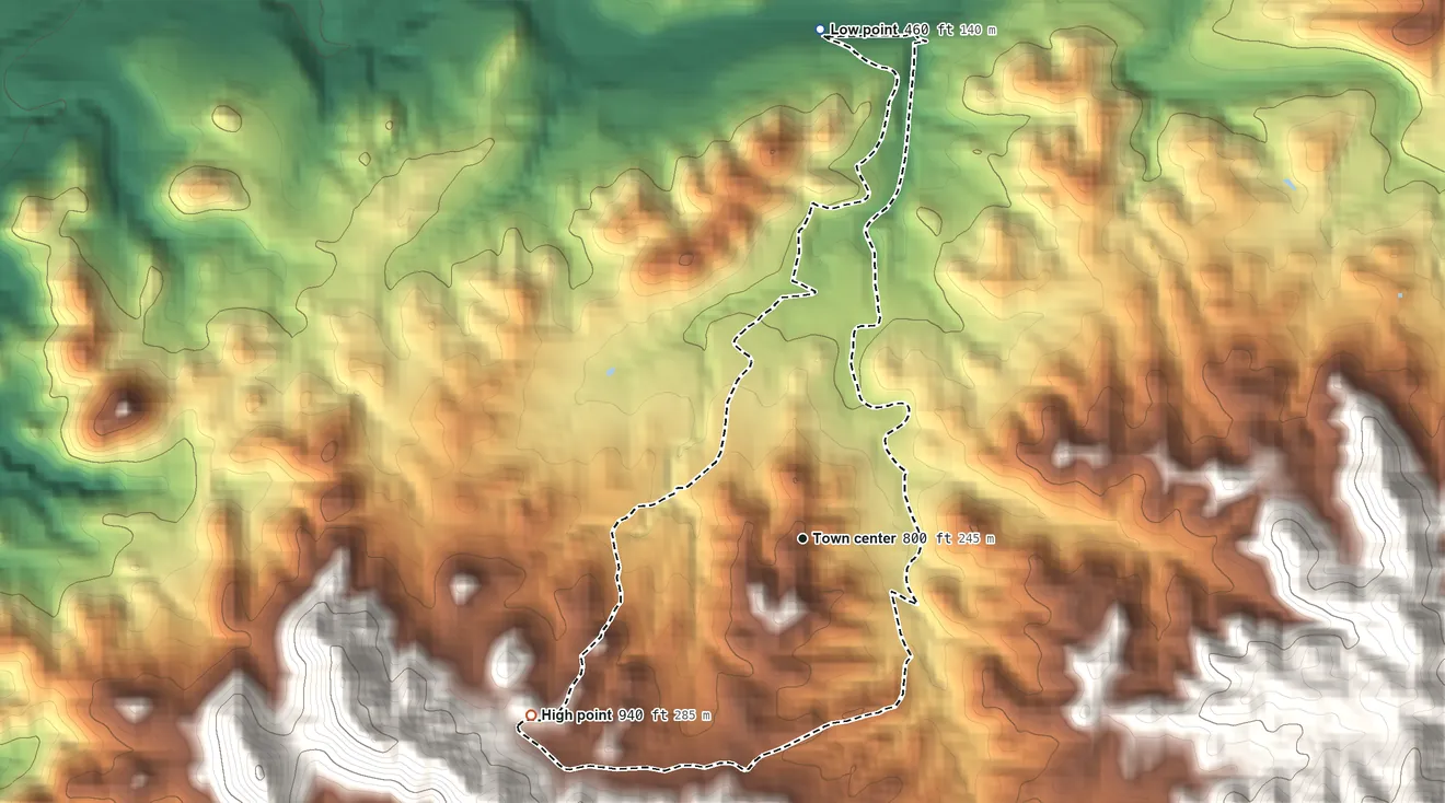 Topographic elevation map of Palmarejo, Coamo Municipio, Puerto Rico, shaded from 460 ft on the north side to 940 ft at the foot of the Cerros de Santini