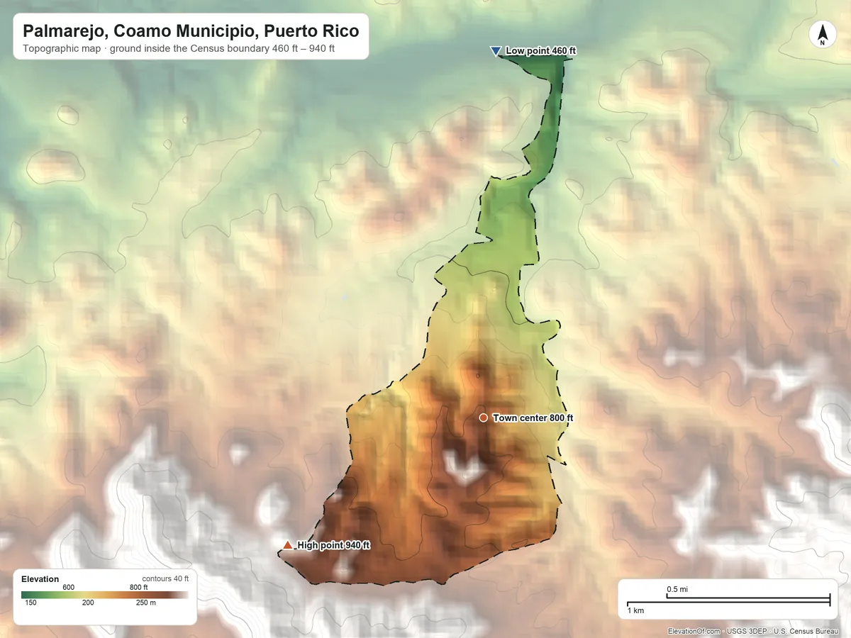 Topographic elevation map of Palmarejo, Coamo Municipio, Puerto Rico, shaded from 460 ft on the north side to 940 ft at the foot of the Cerros de Santini