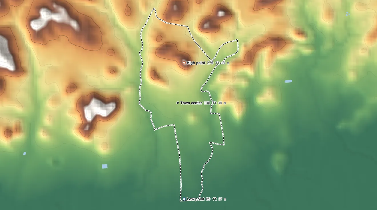 Topographic elevation map of Palmarejo, Lajas Municipio, Puerto Rico, shaded from 89 ft on the south side to 270 ft at the foot of the Sierra Bermeja