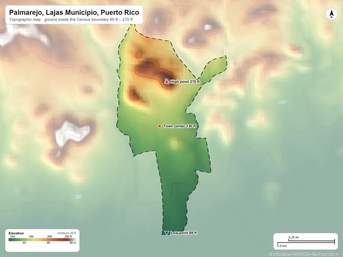 Topographic elevation map of Palmarejo, Lajas Municipio, Puerto Rico, shaded from 89 ft on the south side to 270 ft at the foot of the Sierra Bermeja