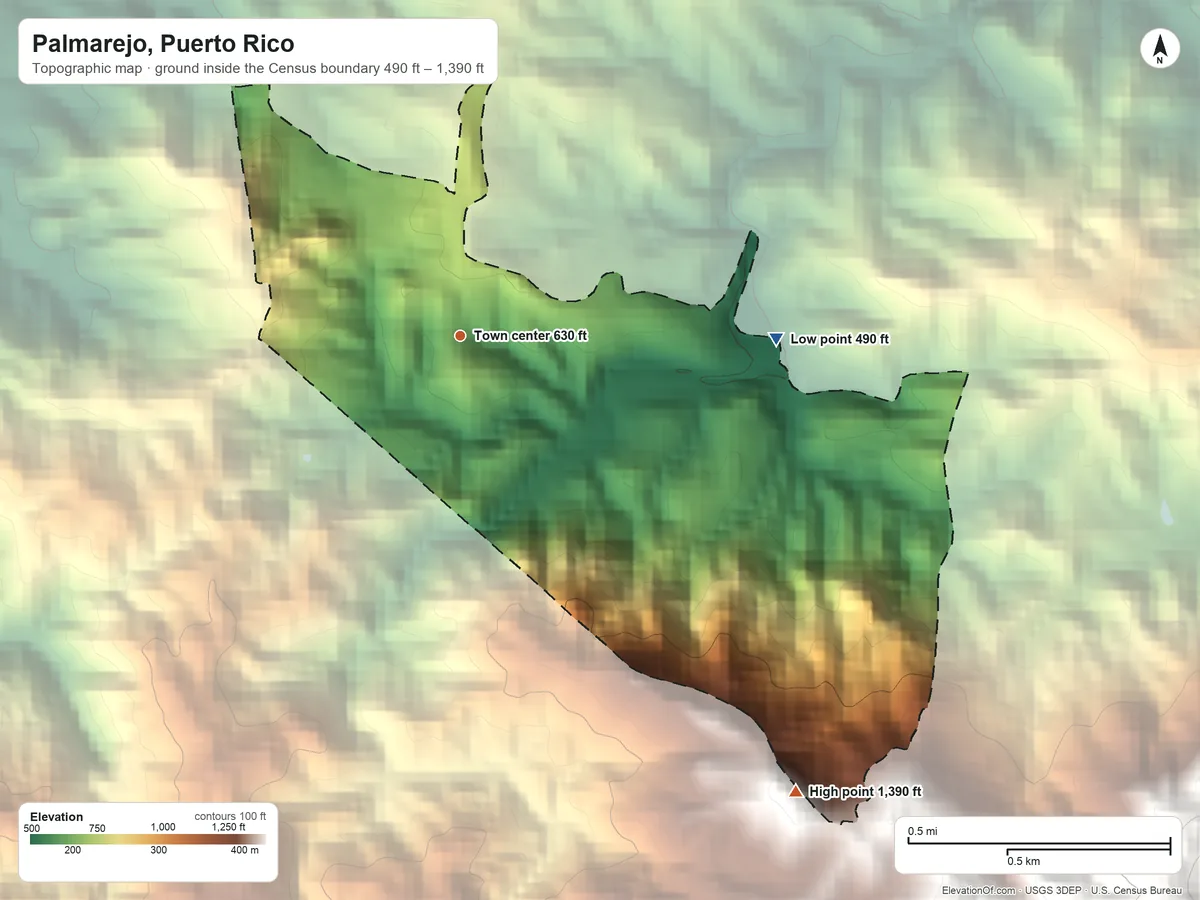 Topographic elevation map of Palmarejo, Puerto Rico, shaded from 490 ft on the east side to 1,390 ft at the foot of the Montañas de Corozal