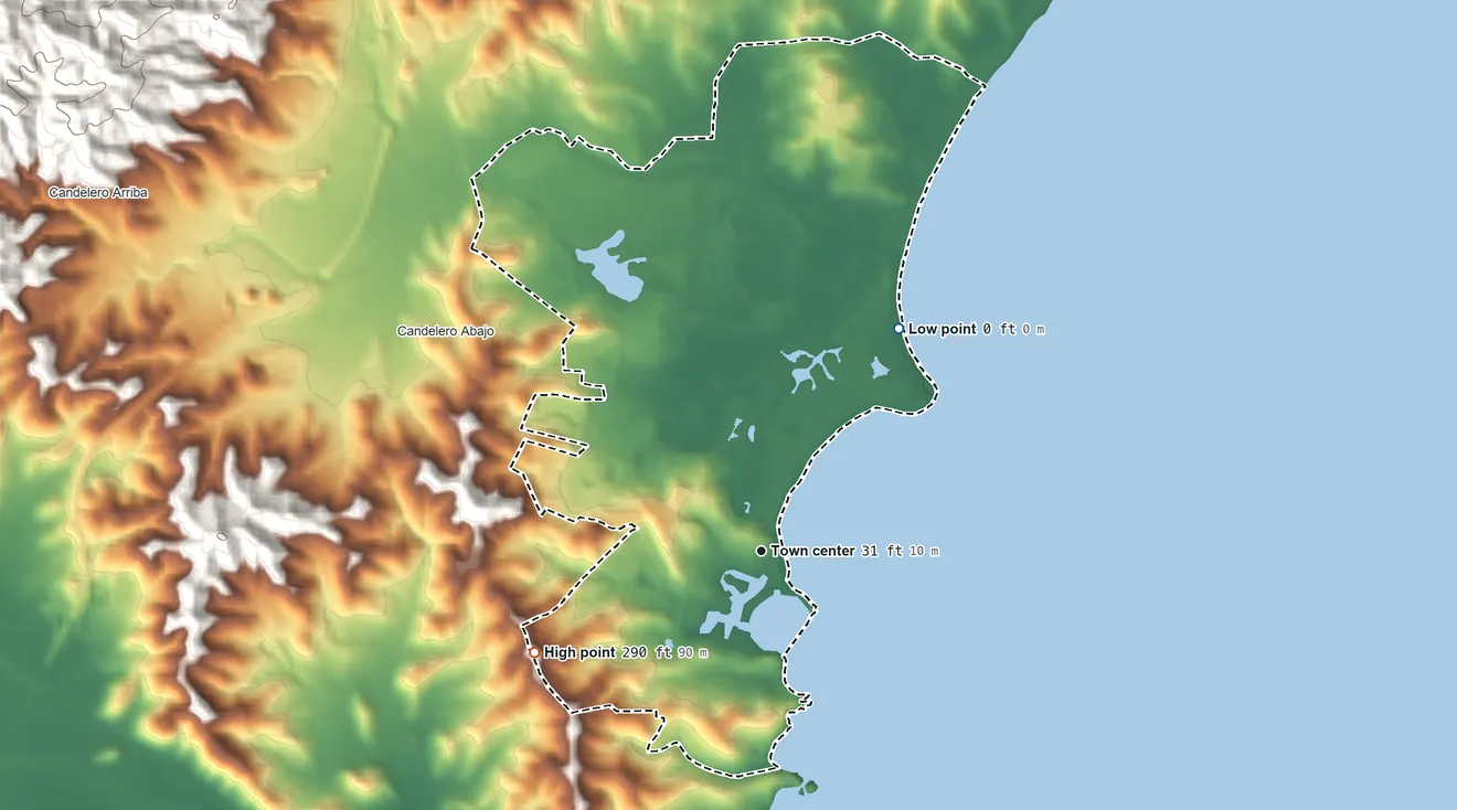 Topographic elevation map of Palmas del Mar, Puerto Rico, shaded from sea level level on the Mar Caribe to 290 ft on the southwest side