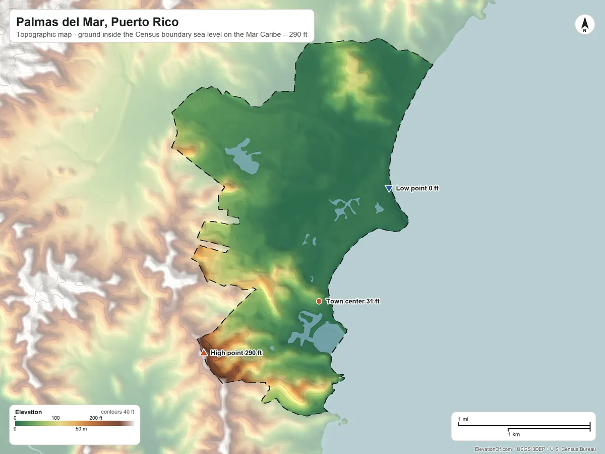 Topographic elevation map of Palmas del Mar, Puerto Rico, shaded from sea level level on the Mar Caribe to 290 ft on the southwest side