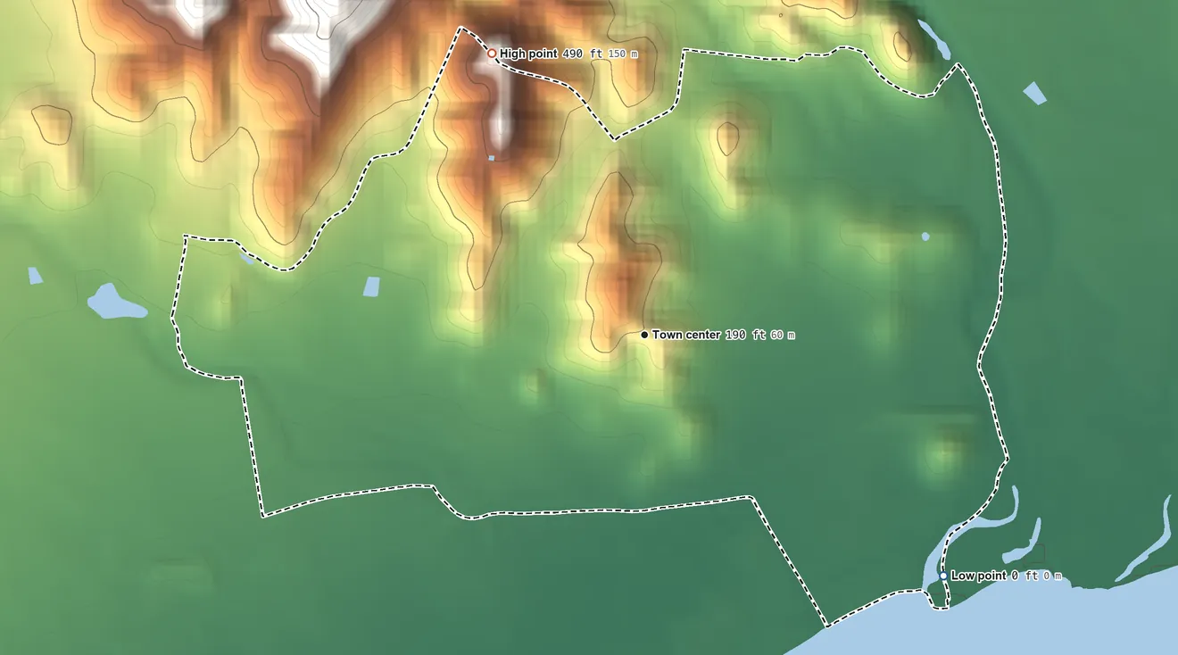 Topographic elevation map of Palmas, Puerto Rico, shaded from sea level level on the Puerto Patillas to 490 ft at the foot of the Sierra de Guardarraya