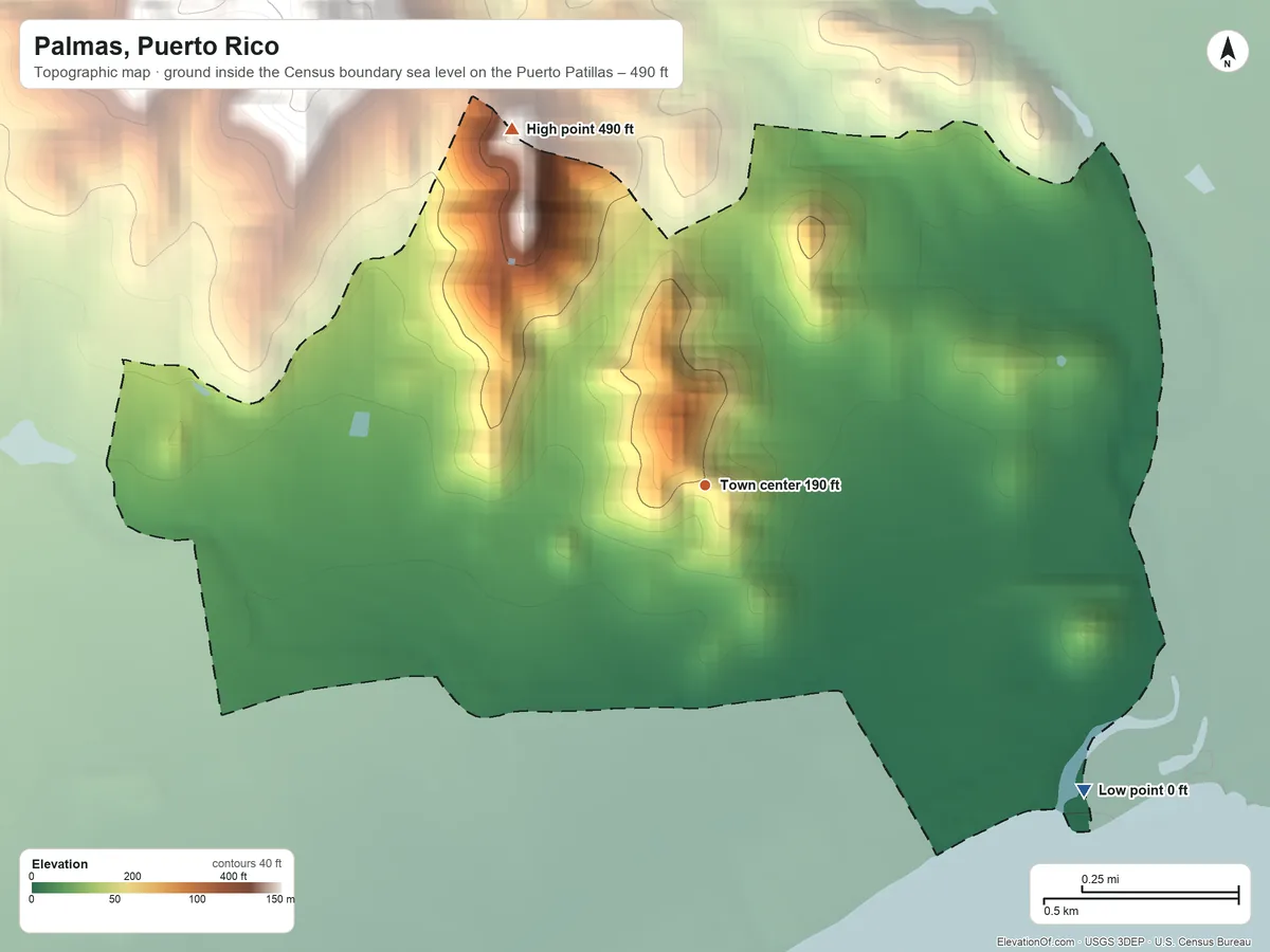 Topographic elevation map of Palmas, Puerto Rico, shaded from sea level level on the Puerto Patillas to 490 ft at the foot of the Sierra de Guardarraya
