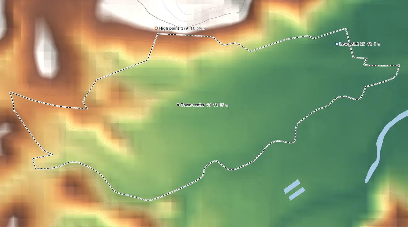 Topographic elevation map of Palmer, Puerto Rico, shaded from 26 ft on the east side to 170 ft at the foot of the Sierra de Luquillo