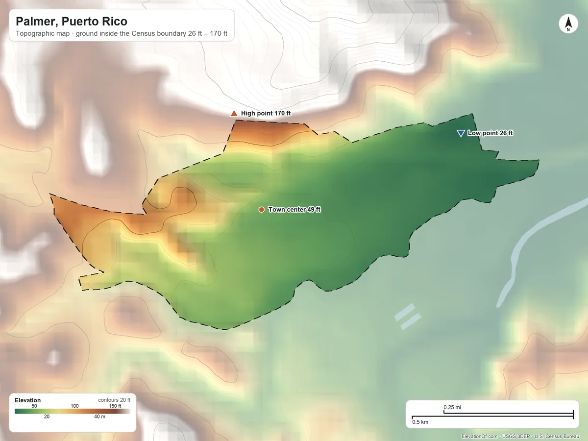 Topographic elevation map of Palmer, Puerto Rico, shaded from 26 ft on the east side to 170 ft at the foot of the Sierra de Luquillo