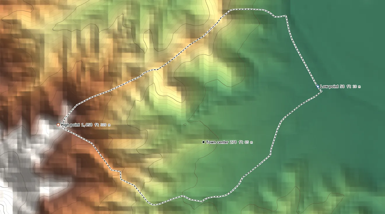 Topographic elevation map of Palo Seco, Puerto Rico, shaded from 58 ft on the northeast side to 1,050 ft at the foot of the Sierra de Guardarraya