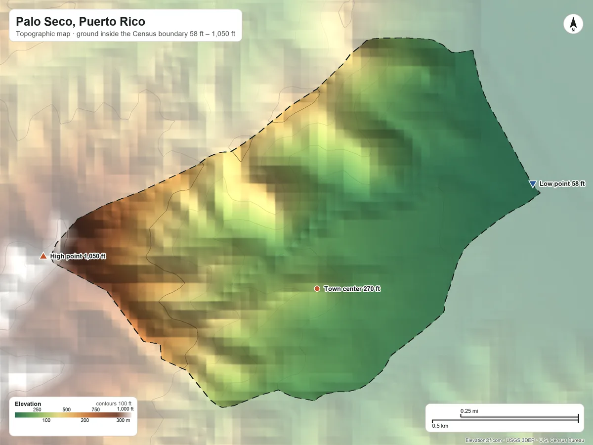 Topographic elevation map of Palo Seco, Puerto Rico, shaded from 58 ft on the northeast side to 1,050 ft at the foot of the Sierra de Guardarraya