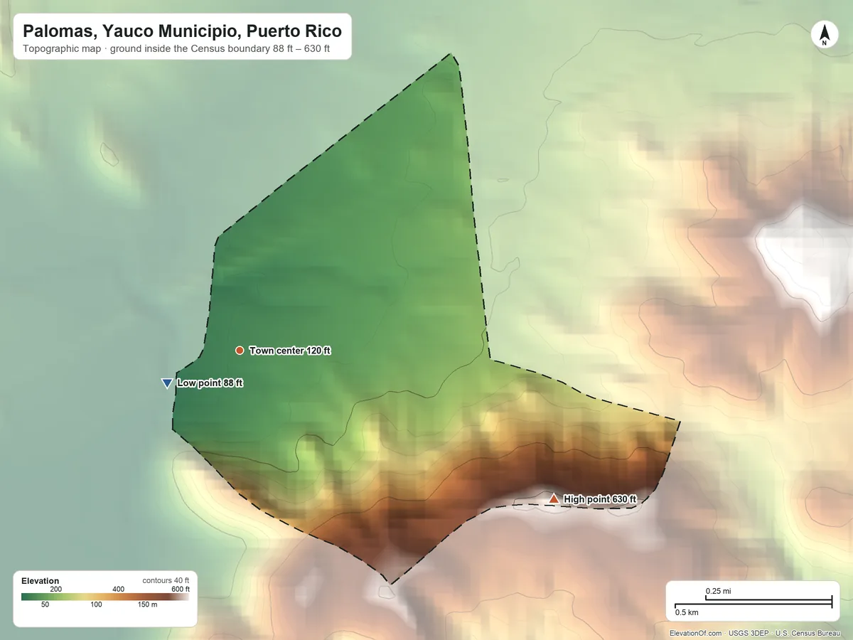 Topographic elevation map of Palomas, Yauco Municipio, Puerto Rico, shaded from 88 ft on the southwest side to 630 ft on the southeast side