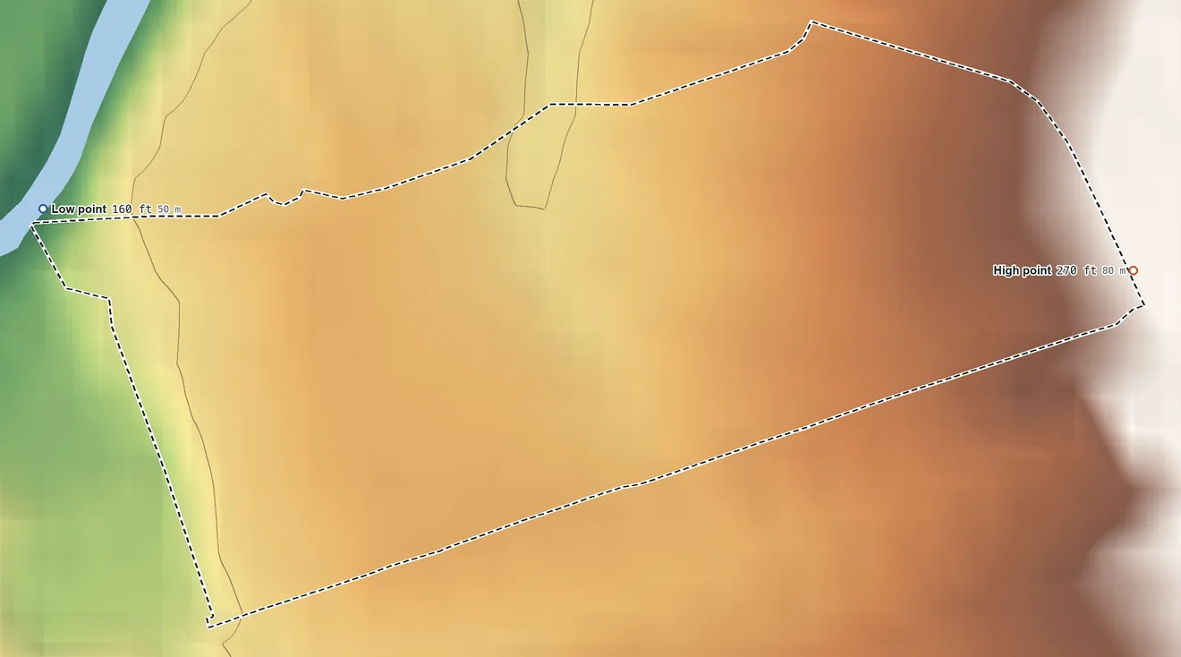 Topographic elevation map of Parcelas de Navarro, Puerto Rico, shaded from 160 ft on the west side to 270 ft at the foot of the Altos de San Luis