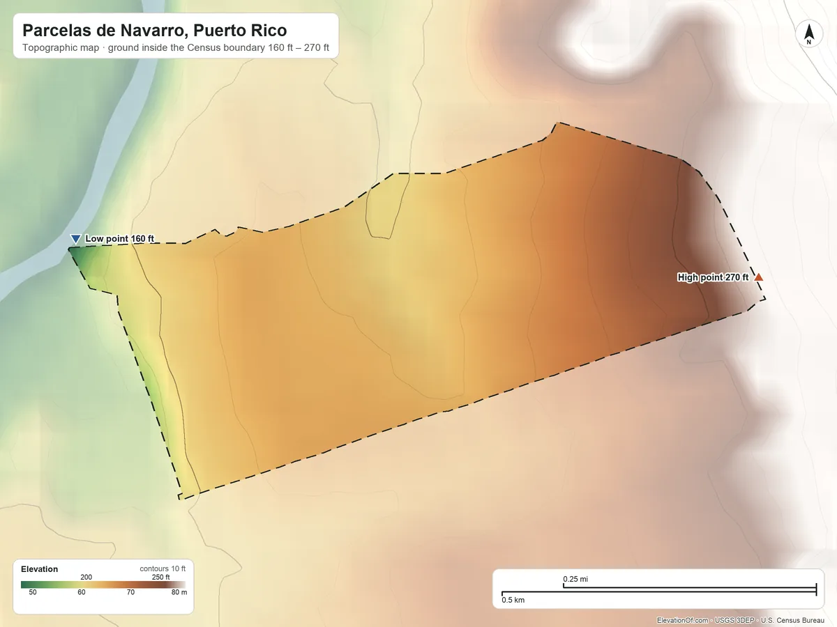 Topographic elevation map of Parcelas de Navarro, Puerto Rico, shaded from 160 ft on the west side to 270 ft at the foot of the Altos de San Luis