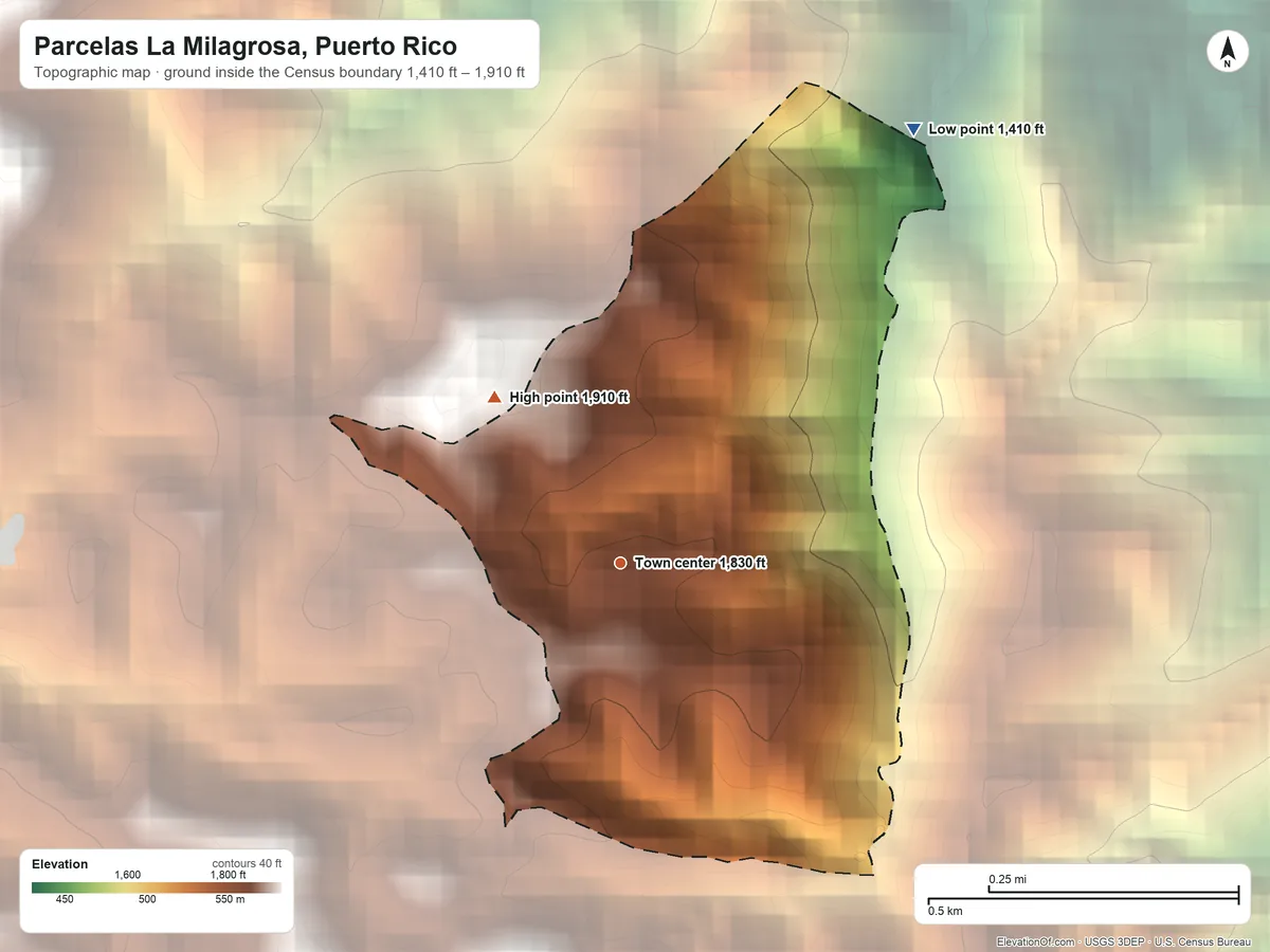 Topographic elevation map of Parcelas La Milagrosa, Puerto Rico, shaded from 1,410 ft on the northeast side to 1,910 ft on the northwest side