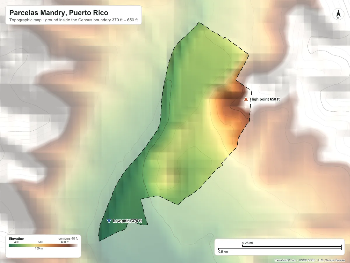 Topographic elevation map of Parcelas Mandry, Puerto Rico, shaded from 370 ft on the southwest side to 650 ft at the foot of the Cordillera Central