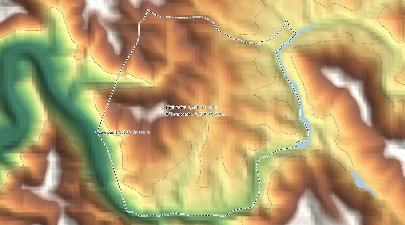 Topographic elevation map of Parcelas Nuevas, Puerto Rico, shaded from 1,010 ft on the west side to 1,450 ft at the foot of the Sierra de Jájome