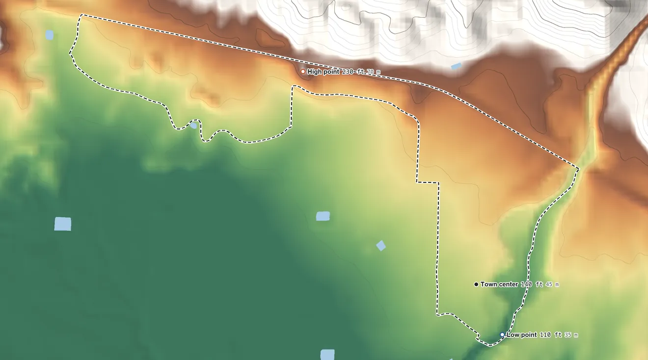 Topographic elevation map of Parcelas Peñuelas, Puerto Rico, shaded from 110 ft near the middle to 230 ft at the foot of the Cerros de Santini