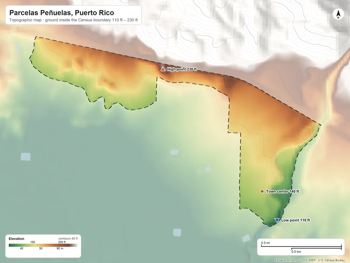 Topographic elevation map of Parcelas Peñuelas, Puerto Rico, shaded from 110 ft near the middle to 230 ft at the foot of the Cerros de Santini