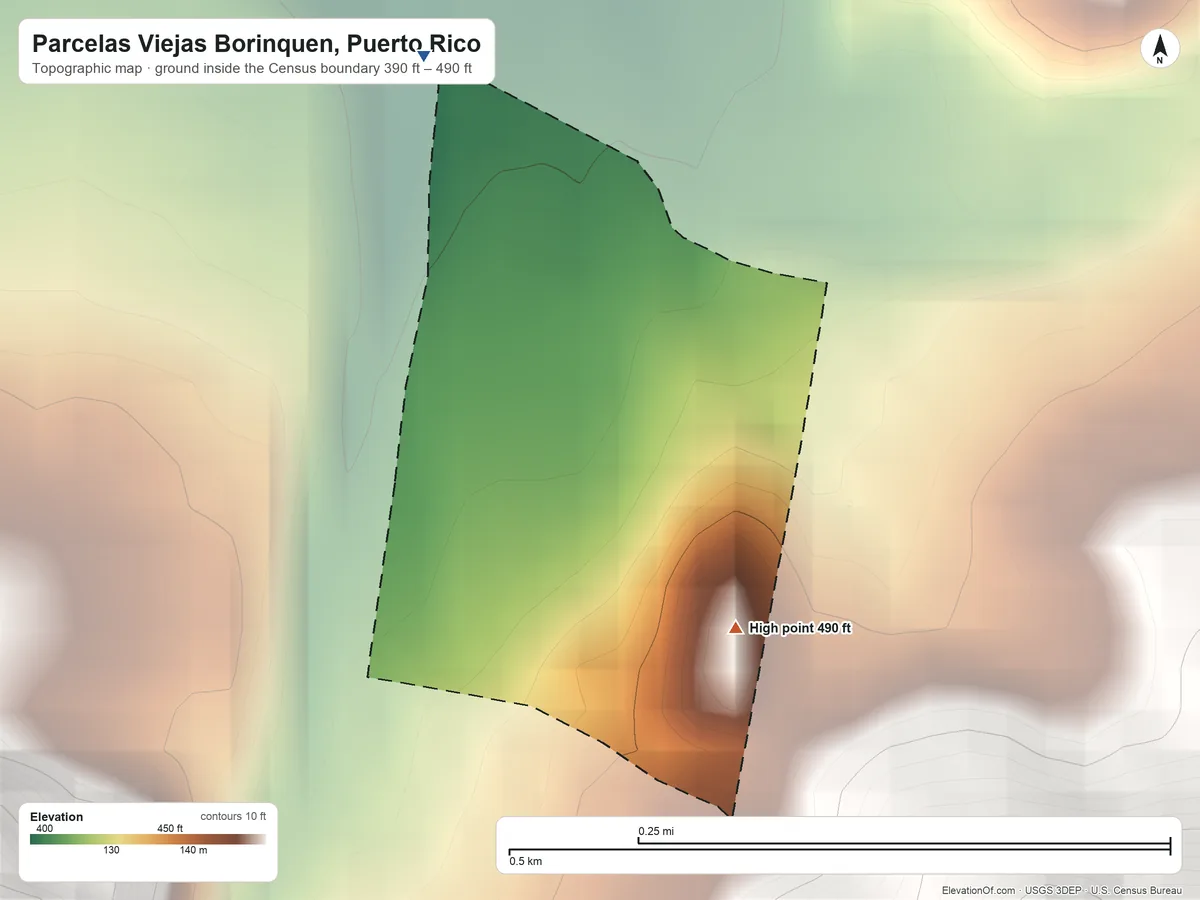 Topographic elevation map of Parcelas Viejas Borinquen, Puerto Rico, shaded from 390 ft on the northwest side to 490 ft at the foot of the Sierra de Cayey