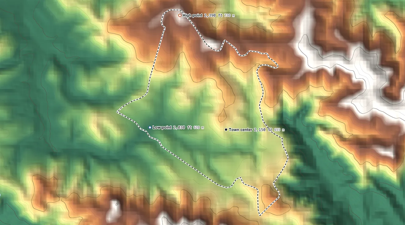 Topographic elevation map of Pastos, Puerto Rico, shaded from 2,030 ft on the west side to 2,390 ft on the north edge, below higher ground just outside