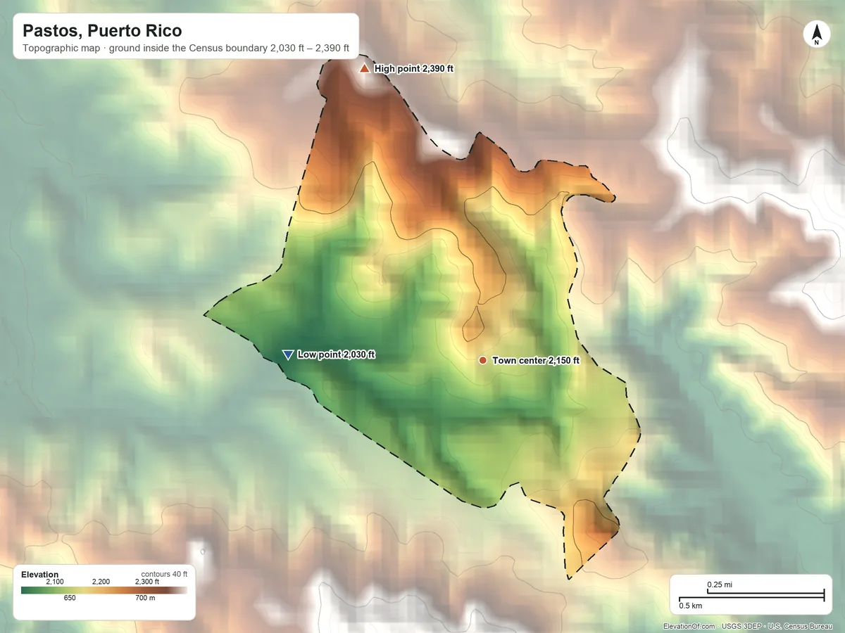 Topographic elevation map of Pastos, Puerto Rico, shaded from 2,030 ft on the west side to 2,390 ft on the north edge, below higher ground just outside