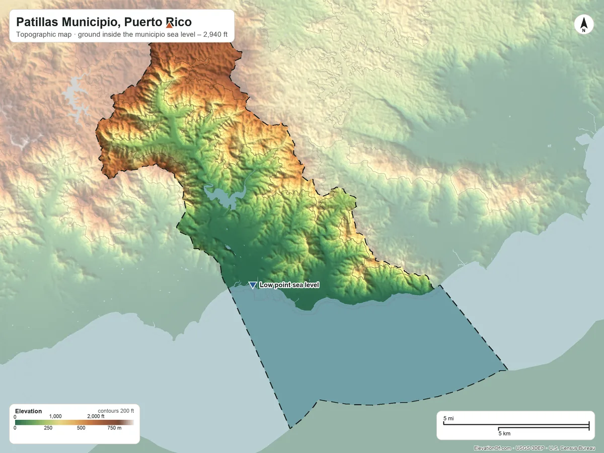 Topographic elevation map of Patillas Municipio, Puerto Rico, shaded from sea level on the Puerto Patillas to 2,940 ft on the northwest side