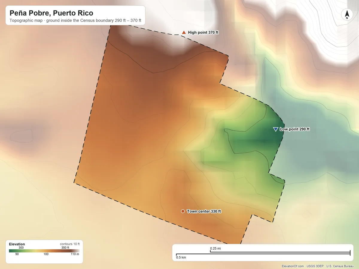 Topographic elevation map of Peña Pobre, Puerto Rico, shaded from 290 ft on the northeast side to 370 ft at the foot of the Sierra de Luquillo
