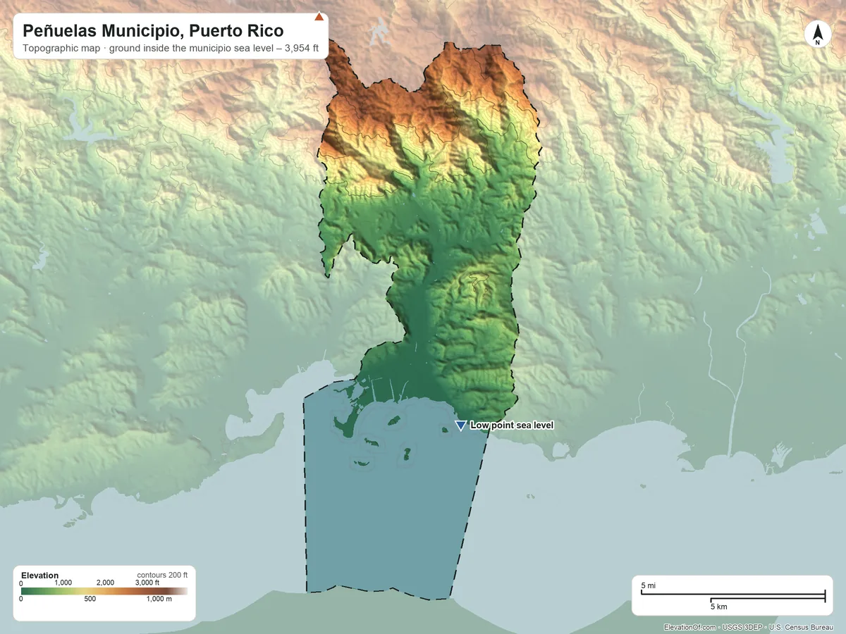 Topographic elevation map of Peñuelas Municipio, Puerto Rico, shaded from sea level on the Bahía de Tallaboa to 3,954 ft on Monte Guilarte