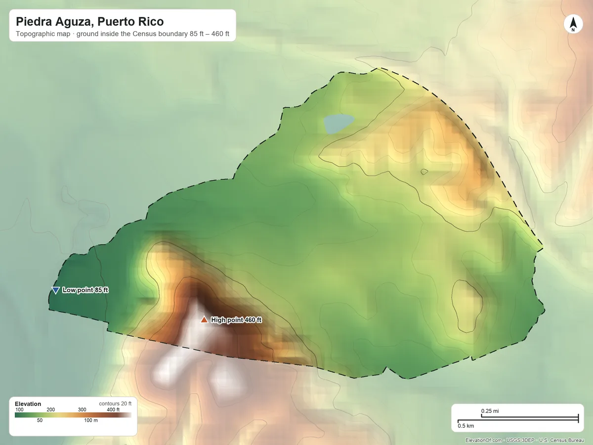 Topographic elevation map of Piedra Aguza, Puerto Rico, shaded from 85 ft on the west side to 460 ft on the southwest edge, below higher ground just outside