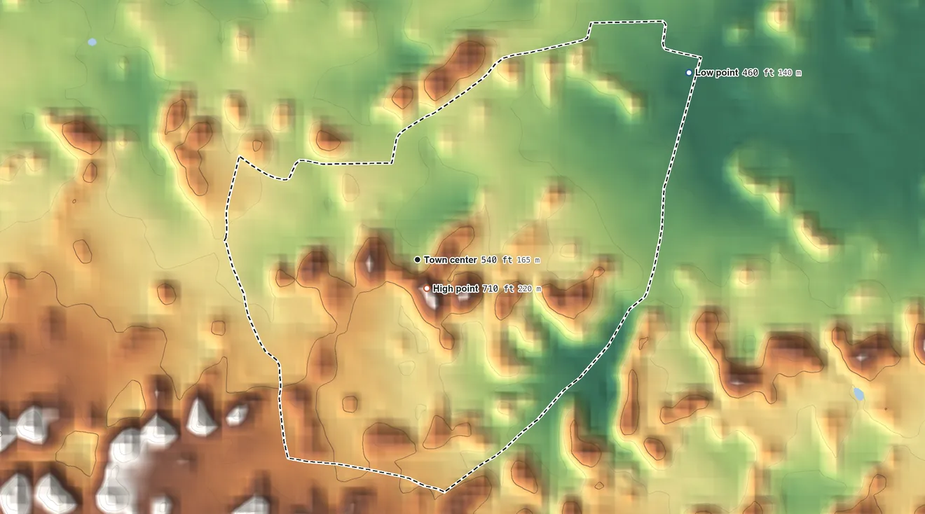 Topographic elevation map of Piedra Gorda, Puerto Rico, shaded from 460 ft on the northeast side to 710 ft near the middle