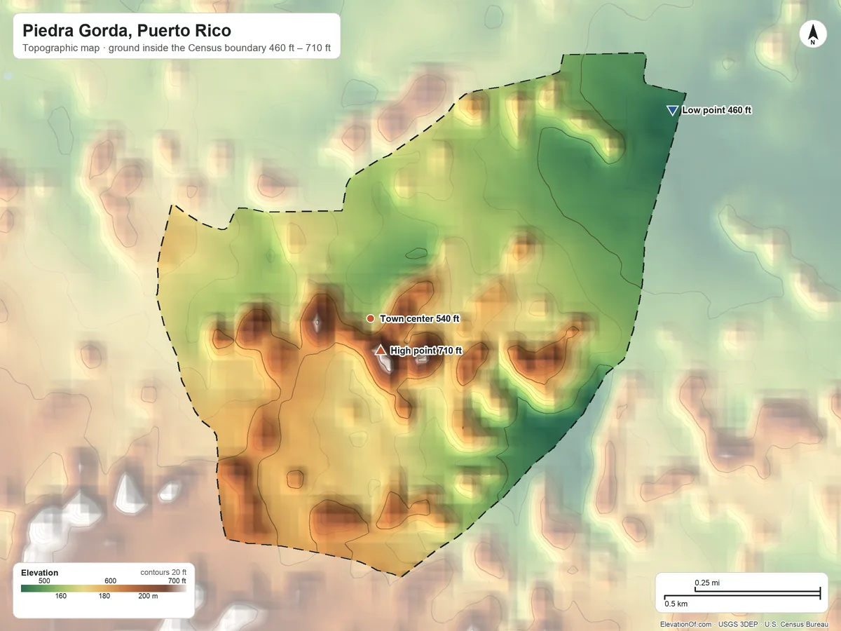 Topographic elevation map of Piedra Gorda, Puerto Rico, shaded from 460 ft on the northeast side to 710 ft near the middle