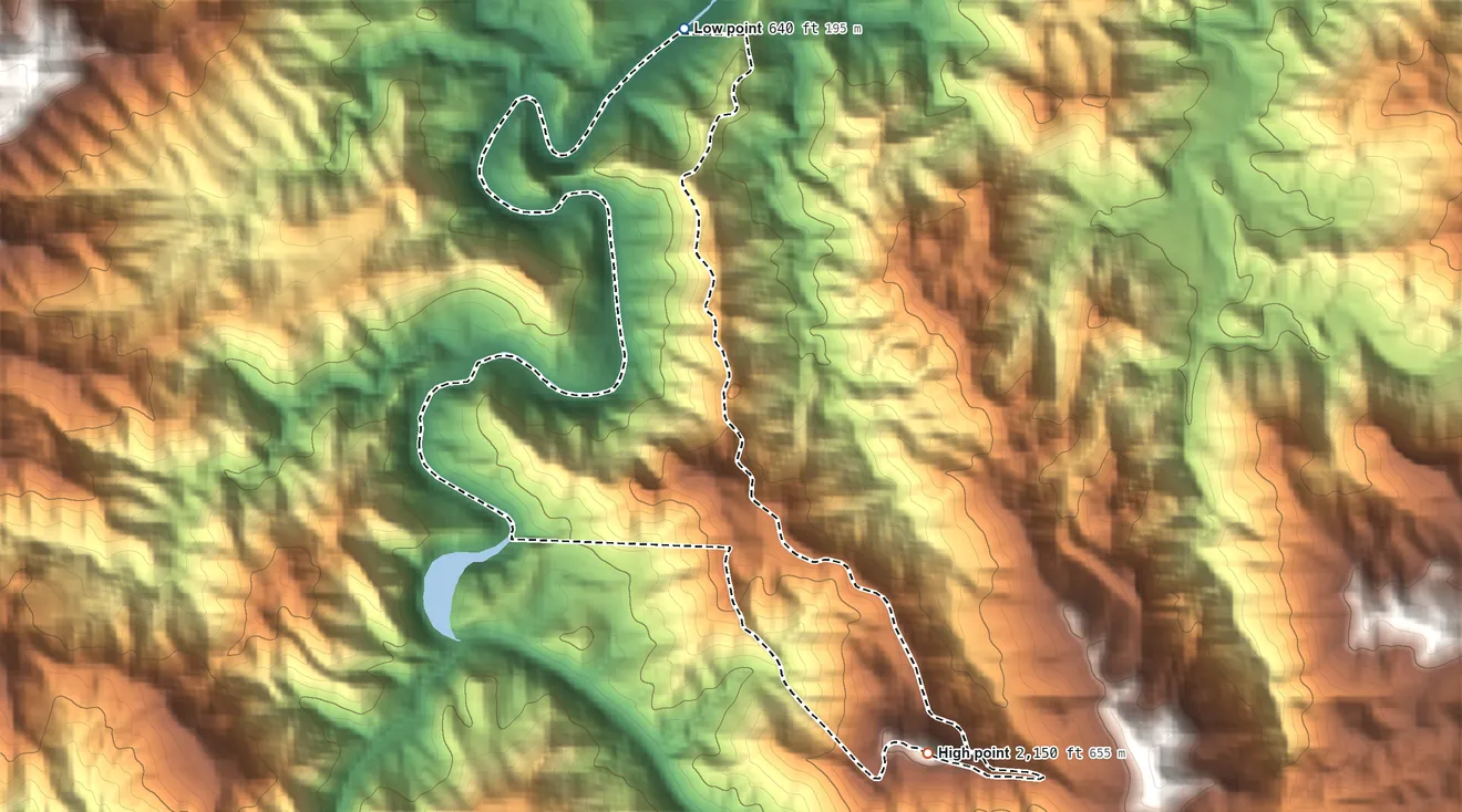 Topographic elevation map of Piñas, Puerto Rico, shaded from 640 ft on the north side to 2,150 ft on the southeast side