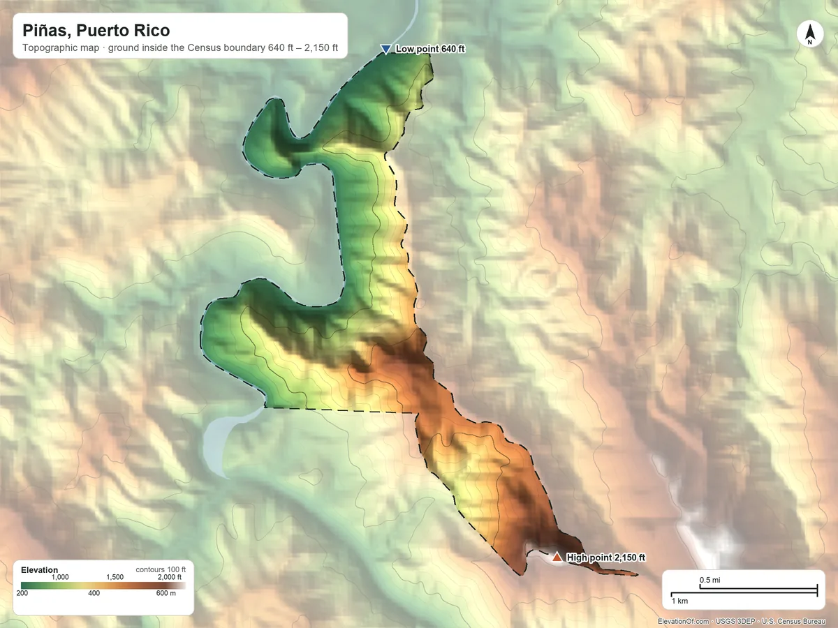 Topographic elevation map of Piñas, Puerto Rico, shaded from 640 ft on the north side to 2,150 ft on the southeast side