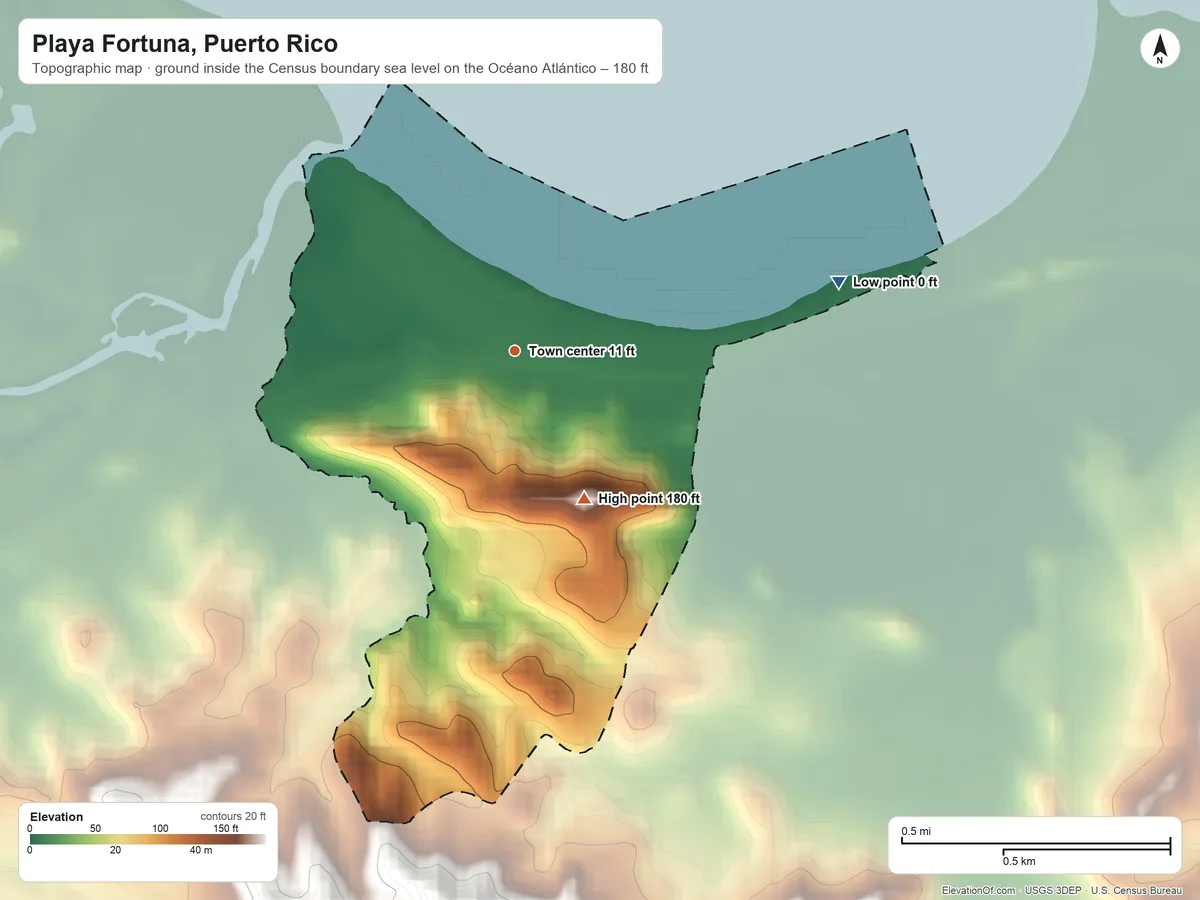 Topographic elevation map of Playa Fortuna, Puerto Rico, shaded from sea level level on the Océano Atlántico to 180 ft at the foot of the Sierra de Luquillo