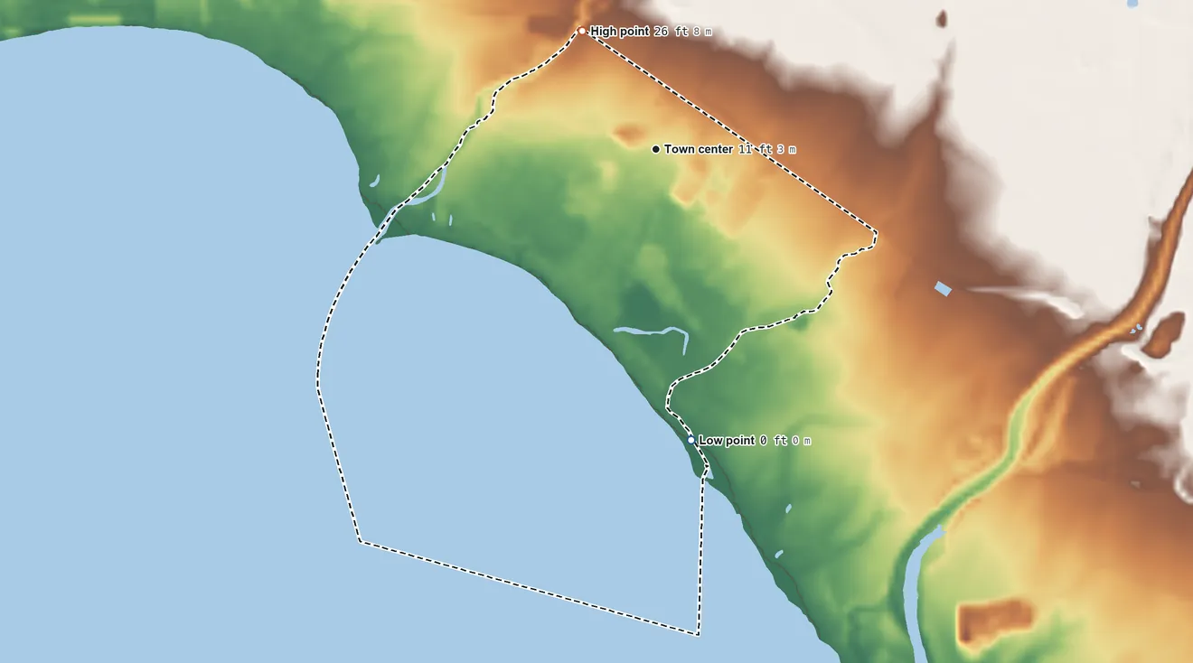 Topographic elevation map of Playita Cortada, Puerto Rico, shaded from sea level level on the Mar Caribe to 26 ft on the northwest side