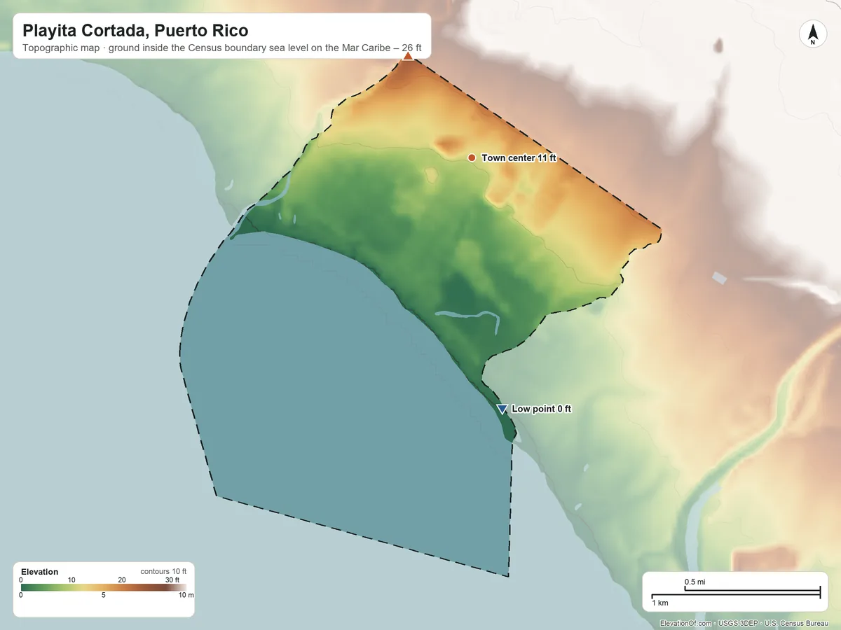 Topographic elevation map of Playita Cortada, Puerto Rico, shaded from sea level level on the Mar Caribe to 26 ft on the northwest side