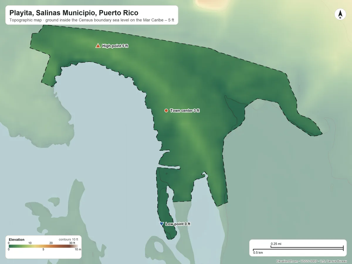 Topographic elevation map of Playita, Salinas Municipio, Puerto Rico, shaded from sea level level on the Mar Caribe to 5 ft on the northwest side
