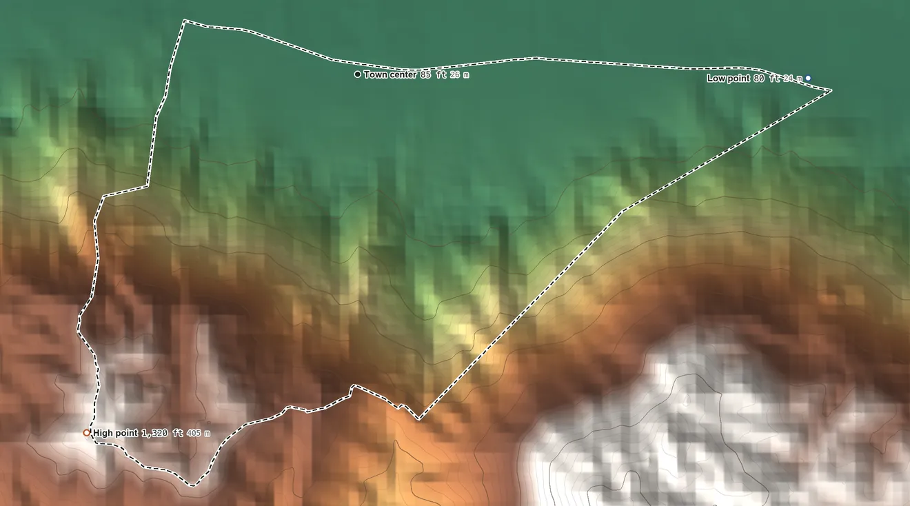 Topographic elevation map of Playita, Puerto Rico, shaded from 80 ft on the east side to 1,320 ft at the foot of the Sierra de Guardarraya