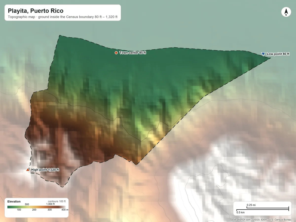 Topographic elevation map of Playita, Puerto Rico, shaded from 80 ft on the east side to 1,320 ft at the foot of the Sierra de Guardarraya