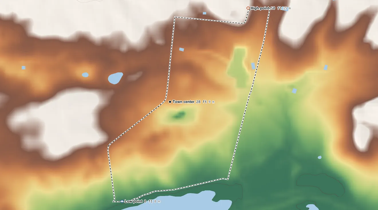 Topographic elevation map of Pole Ojea, Puerto Rico, shaded from sea level level on the Bahía Sucia to 50 ft on the northeast side