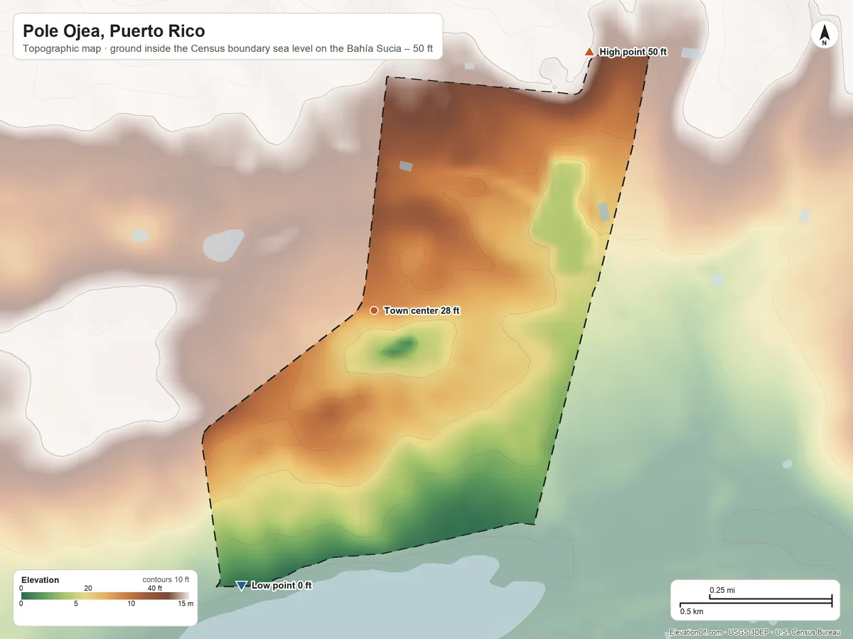 Topographic elevation map of Pole Ojea, Puerto Rico, shaded from sea level level on the Bahía Sucia to 50 ft on the northeast side