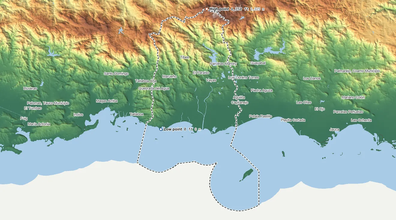 Topographic elevation map of Ponce Municipio, Puerto Rico, shaded from sea level on the Mar Caribe to 4,350 ft on Cerro de Punta