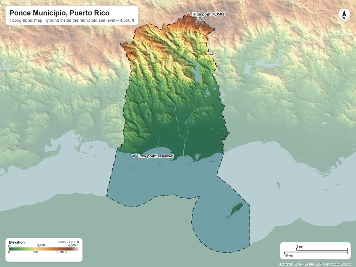 Topographic elevation map of Ponce Municipio, Puerto Rico, shaded from sea level on the Mar Caribe to 4,350 ft on Cerro de Punta